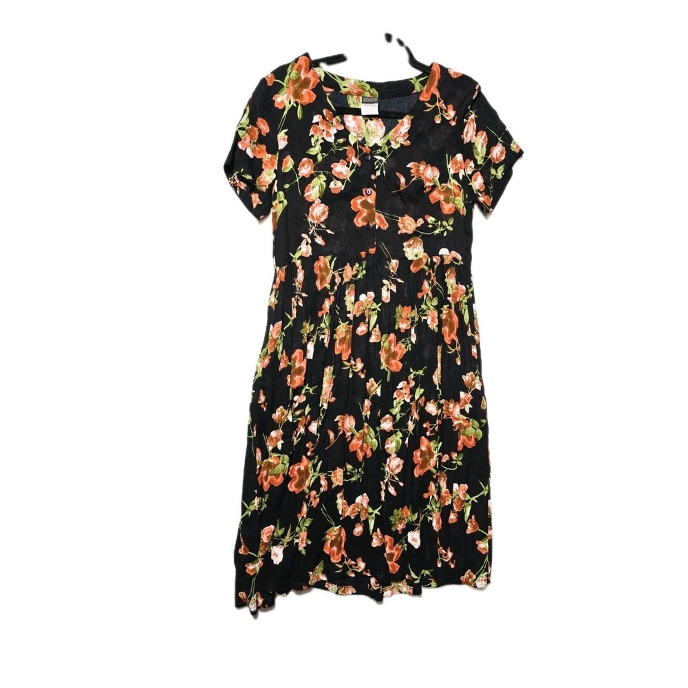 Salon Studio Floral Black Coral Short Sleeve Maxi Prairie Dress‎ Women's P Small